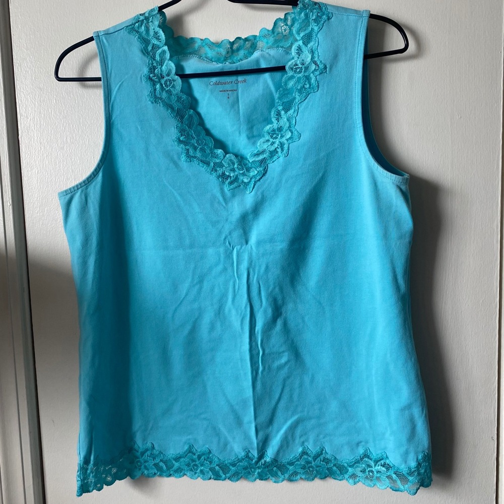 Coldwater Creek Womens Turquoise Blue Lace Trim V-Neck Tank Top Size S 8 4012249